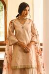 Shop_Palak & Mehak_Peach Net, Crepe Block Print Boat Neck Placement Embroidered Kurta Set _Online_at_Aza_Fashions