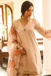 Palak & Mehak_Peach Net, Crepe Block Print Boat Neck Placement Embroidered Kurta Set _at_Aza_Fashions