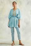 Palak & Mehak_Blue Kaftan Rayon Crepe Embroidered Thread Work V Neck Top And Pant Set _Online_at_Aza_Fashions