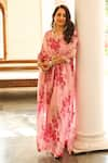 Buy_Palak & Mehak_Pink Rayon Crepe Embroidered Gota Patti V Neck Floral Print Kaftan Dress _at_Aza_Fashions