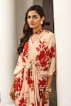 Palak & Mehak_Beige Rayon Crepe Embroidered Gota Patti V Neck Floral Print Kaftan Dress _at_Aza_Fashions