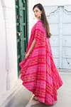 Palak & Mehak_Pink Cotton Printed Bandhani Mandarin Collar Asymmetric Hem Kurta And Pant Set _Online_at_Aza_Fashions