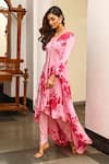 Palak & Mehak_Pink Cotton, Crepe Floral Print, Gota Patti Round High Low Anarkali And Pant Set_Online_at_Aza_Fashions