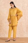 Buy_Palak & Mehak_Yellow Rayon Crepe Gota Work, Stripes Boat Neck Embroidered Kaftan And Pant Set_at_Aza_Fashions