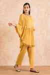 Palak & Mehak_Yellow Rayon Crepe Gota Work, Stripes Boat Neck Embroidered Kaftan And Pant Set_Online_at_Aza_Fashions