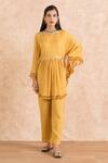 Shop_Palak & Mehak_Yellow Rayon Crepe Gota Work, Stripes Boat Neck Embroidered Kaftan And Pant Set_Online_at_Aza_Fashions