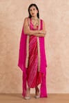 Shop_Palak & Mehak_Pink Dress Cotton Printed Bandhani Tunic Scoop Neck With Cape _Online_at_Aza_Fashions