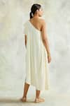 Shop_Palak & Mehak_Beige Rayon Crepe Embellished Stripes One Shoulder Cowl Dress _at_Aza_Fashions