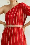 Palak & Mehak_Red Rayon Crepe Embellished Stripes One Shoulder Cowl Dress _at_Aza_Fashions