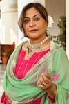 Palak & Mehak_Pink Modal Floral Print, Gota Patti Round Notched Layered Kurta With Dupatta _at_Aza_Fashions