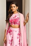 Palak & Mehak_Pink Crepe Embroidered Gota Patti High Floral Print Jacket Palazzo Set For Women_at_Aza_Fashions