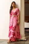 Buy_Palak & Mehak_Pink Crepe Printed Floral V Neck Kaftan Tunic And Pant Set _at_Aza_Fashions