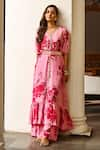 Palak & Mehak_Pink Crepe Printed Floral V Neck Kaftan Tunic And Pant Set _Online_at_Aza_Fashions