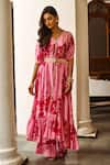 Shop_Palak & Mehak_Pink Crepe Printed Floral V Neck Kaftan Tunic And Pant Set _Online_at_Aza_Fashions