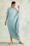 Palak & Mehak_Blue Rayon Crepe Embellished Stripes Round Neck Cowl Dress _Online_at_Aza_Fashions