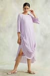 Buy_Palak & Mehak_Purple Rayon Crepe Embellished Stripes Round Neck Cowl Dress _at_Aza_Fashions