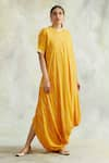 Buy_Palak & Mehak_Yellow Rayon Crepe Embellished Stripes Round Neck Cowl Dress _at_Aza_Fashions