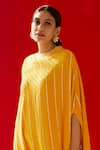 Palak & Mehak_Yellow Rayon Crepe Embellished Stripes Round Neck Cowl Dress _at_Aza_Fashions