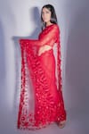 Premya By Manishii_Red Polyester Embroidered Sequins Crew Neck Saree With Blouse _Online_at_Aza_Fashions