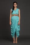 Buy_Preeti S Kapoor_Blue V Neck Draped Dress With Jacket _Online_at_Aza_Fashions