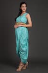 Shop_Preeti S Kapoor_Blue V Neck Draped Dress With Jacket _Online_at_Aza_Fashions