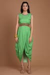 Buy_Preeti S Kapoor_Green Crepe Round Printed Draped Dress With Cape _Online_at_Aza_Fashions