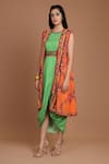 Buy_Preeti S Kapoor_Green Crepe Round Printed Draped Dress With Cape _at_Aza_Fashions