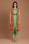 Preeti S Kapoor_Green Crepe Round Printed Draped Dress With Cape _Online_at_Aza_Fashions