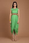 Buy_Preeti S Kapoor_Green Crepe Round Printed Draped Dress With Cape _Online_at_Aza_Fashions