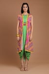 Preeti S Kapoor_Green Crepe Round Printed Draped Dress With Cape _Online_at_Aza_Fashions