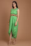 Buy_Preeti S Kapoor_Green Crepe Round Printed Draped Dress With Cape _Online_at_Aza_Fashions