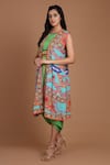 Buy_Preeti S Kapoor_Blue Crepe Round Printed Draped Dress With Cape _Online_at_Aza_Fashions