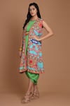 Buy_Preeti S Kapoor_Blue Crepe Round Printed Draped Dress With Cape _at_Aza_Fashions