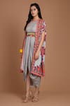 Preeti S Kapoor_Grey Crepe Round Printed Draped Dress With Cape _Online_at_Aza_Fashions