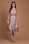 Buy_Preeti S Kapoor_Grey Crepe Round Printed Draped Dress With Cape _Online_at_Aza_Fashions