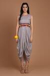 Buy_Preeti S Kapoor_Grey Crepe Round Printed Draped Dress With Cape _Online_at_Aza_Fashions