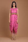 Preeti S Kapoor_Pink Crepe Round Printed Draped Dress With Cape _Online_at_Aza_Fashions