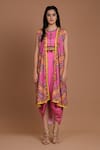 Buy_Preeti S Kapoor_Pink Crepe Round Printed Draped Dress With Cape _Online_at_Aza_Fashions