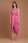 Shop_Preeti S Kapoor_Pink Crepe Round Printed Draped Dress With Cape _Online_at_Aza_Fashions