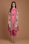 Preeti S Kapoor_Pink Crepe Round Printed Draped Dress With Cape _Online_at_Aza_Fashions