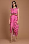 Buy_Preeti S Kapoor_Pink Crepe Round Printed Draped Dress With Cape _Online_at_Aza_Fashions