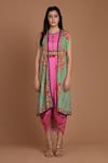 Preeti S Kapoor_Pink Crepe Round Printed Draped Dress With Cape _Online_at_Aza_Fashions