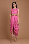 Buy_Preeti S Kapoor_Pink Crepe Round Printed Draped Dress With Cape _Online_at_Aza_Fashions