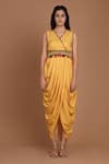 Preeti S Kapoor_Yellow Crepe V Neck Printed Draped Dress With Cape _Online_at_Aza_Fashions