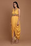 Shop_Preeti S Kapoor_Yellow Crepe V Neck Printed Draped Dress With Cape _Online_at_Aza_Fashions