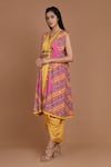 Buy_Preeti S Kapoor_Yellow Crepe V Neck Printed Draped Dress With Cape _at_Aza_Fashions