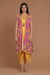 Preeti S Kapoor_Yellow Crepe V Neck Printed Draped Dress With Cape _Online_at_Aza_Fashions