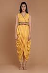 Buy_Preeti S Kapoor_Yellow Crepe V Neck Printed Draped Dress With Cape _Online_at_Aza_Fashions