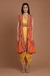 Preeti S Kapoor_Yellow Crepe V Neck Printed Draped Dress With Cape _Online_at_Aza_Fashions