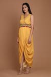 Buy_Preeti S Kapoor_Yellow Crepe V Neck Printed Draped Dress With Cape _Online_at_Aza_Fashions